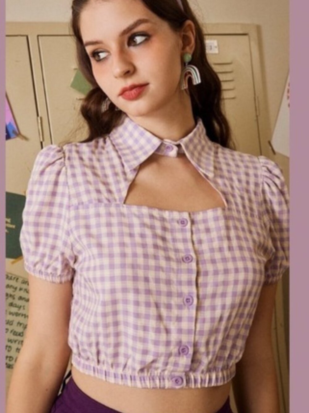 ROMWE Purple Gingham Cropped Blouse – XS / NWT